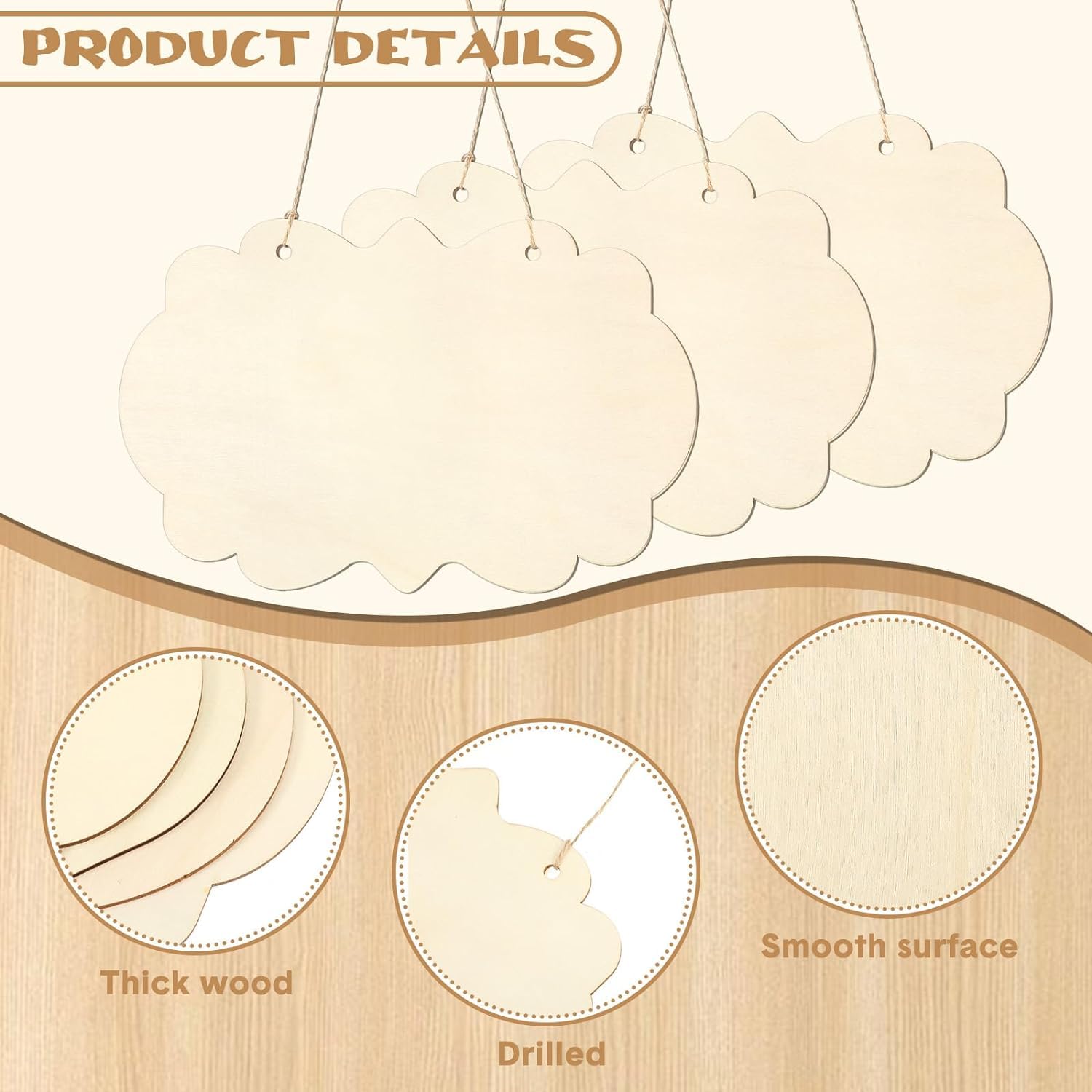 Wooden product with labeled features on a beige background