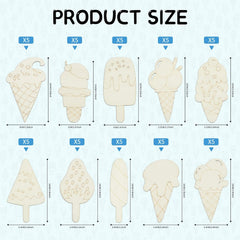 Product size chart showing various ice cream and popsicle shapes with dimensions.