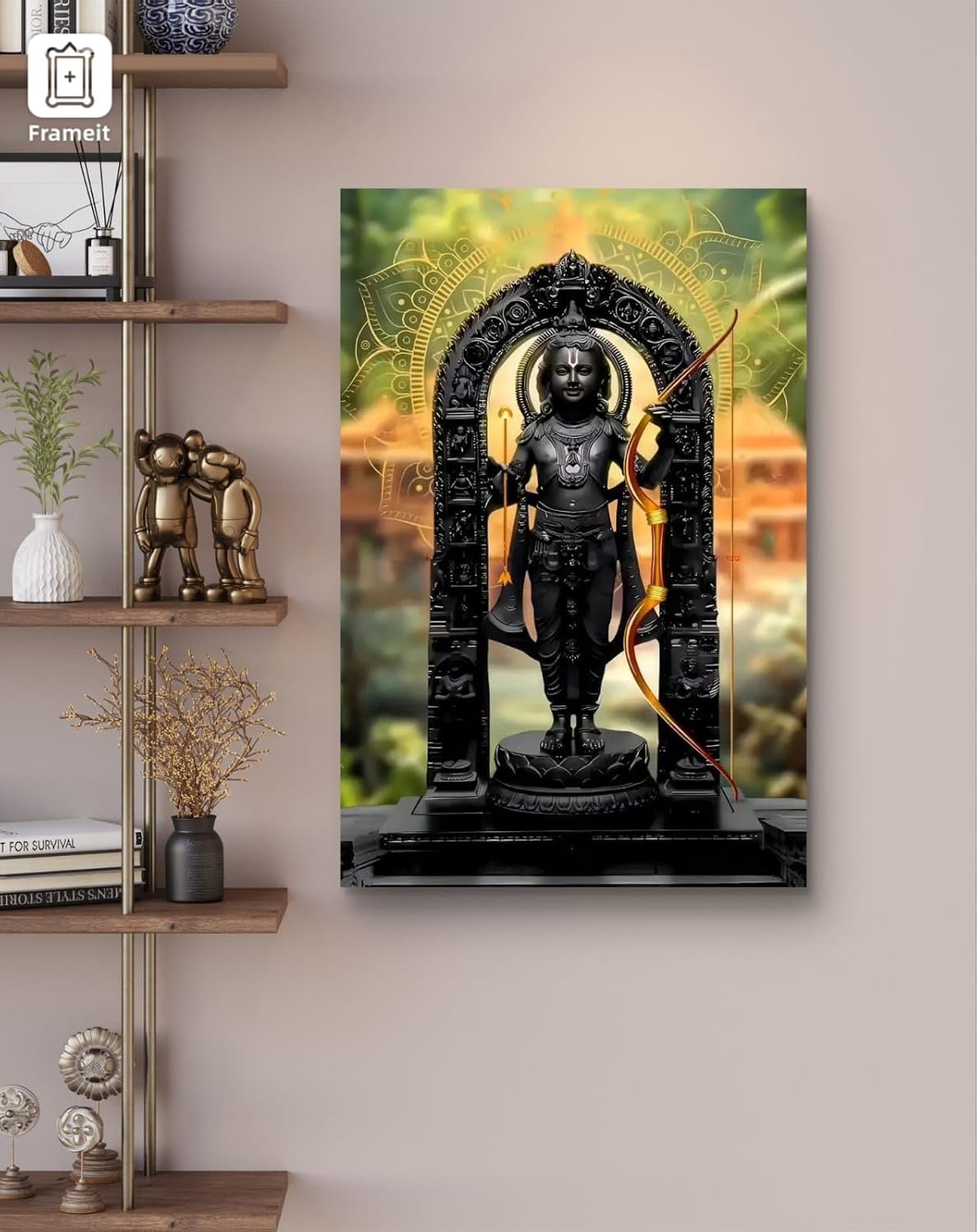 Statue painting on a wall with a shelf in the background