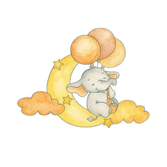 Illustration of a baby elephant with balloons on a crescent moon with clouds and stars.