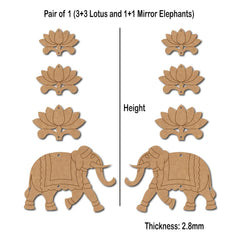 Wooden elephant and lotus decorations with height and thickness measurements on a white background