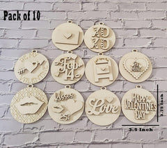 Pack of 10 wooden Valentine's Day ornaments on a brick wall background