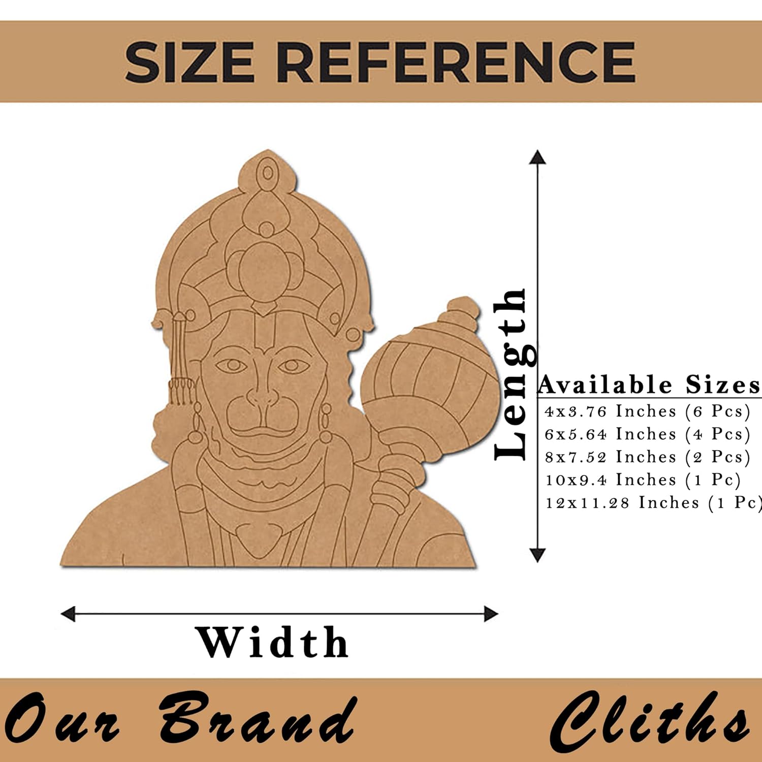 Size reference chart for a wooden sculpture of a deity with dimensions and available sizes listed.