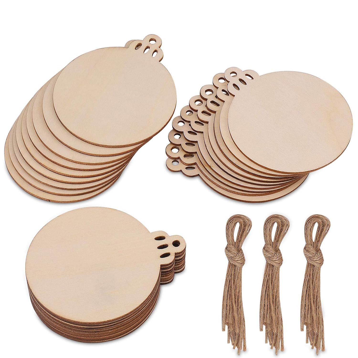Stacks of wooden circles with jute strings on a white background