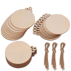 Stacks of wooden circles with jute strings on a white background