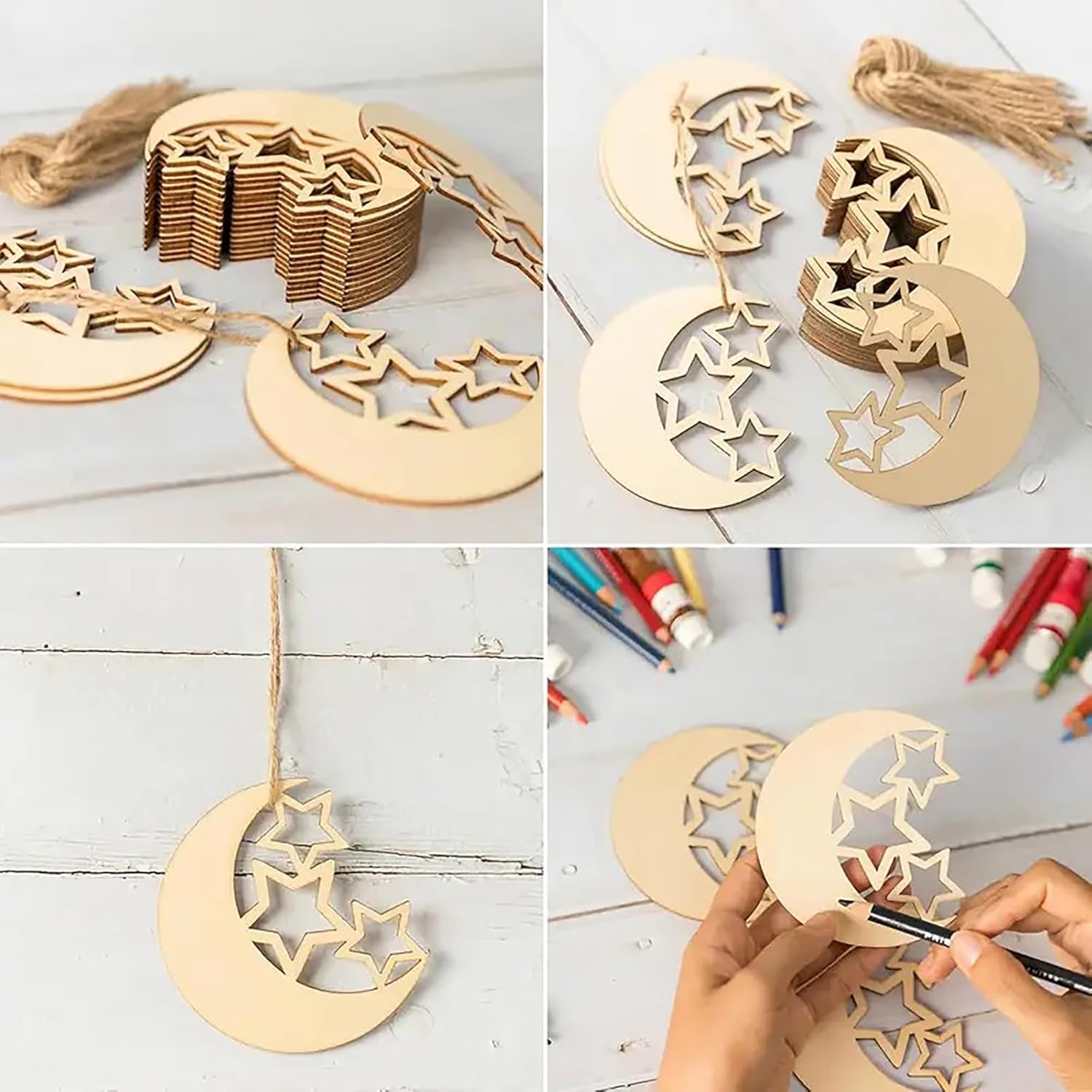 Wooden moon and star decorations with a person using a pencil to draw on them.