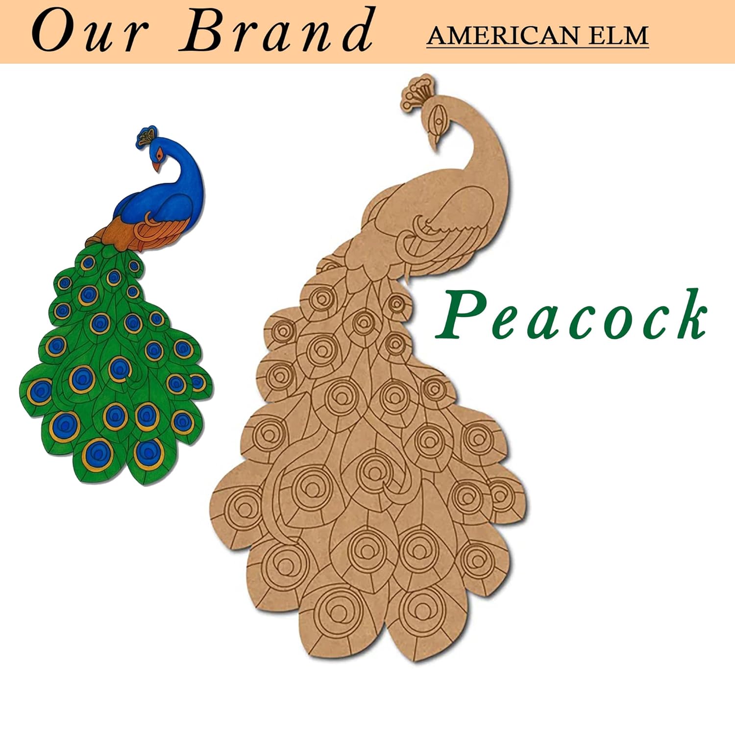 Two peacock designs, one green and blue, the other brown, with 'Our Brand American Elm' text above.