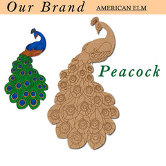 Two peacock designs, one green and blue, the other brown, with 'Our Brand American Elm' text above.
