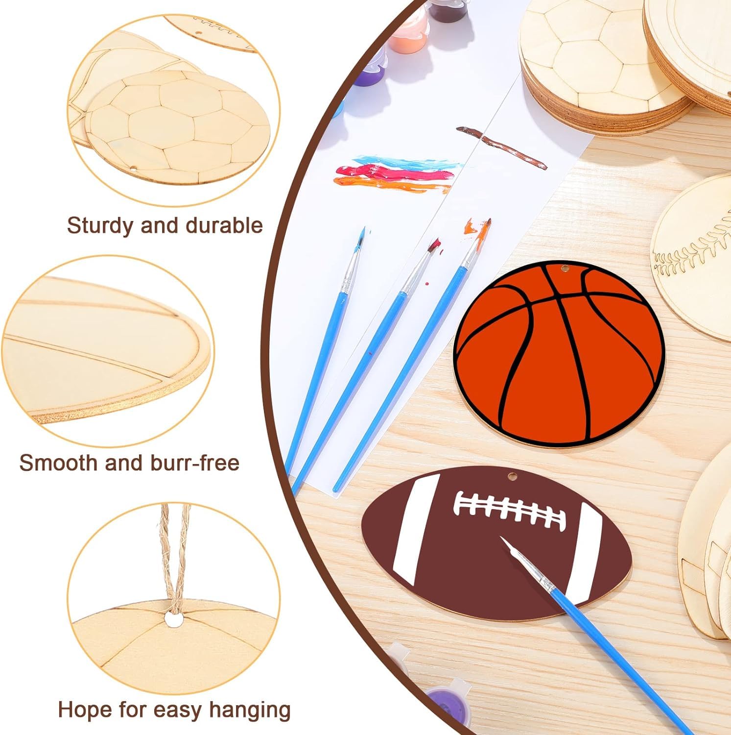 Wooden craft items with basketball and football designs on a wooden surface with paintbrushes.