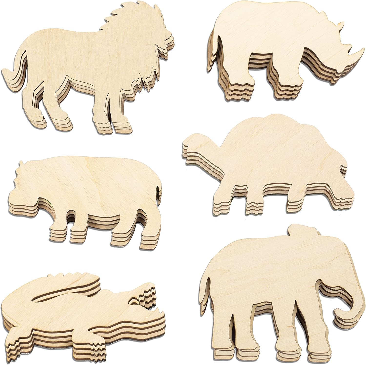 Set of wooden animal cutouts including a lion, rhino, elephant, hippo, and giraffe on a white background.