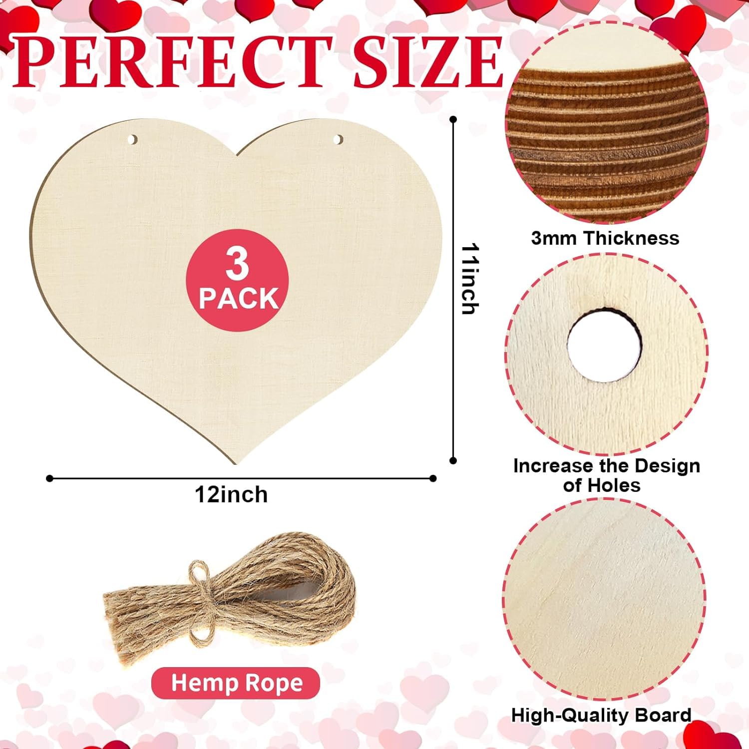 Heart-shaped wooden cutout with measurements, thickness details, and hemp rope on a heart-themed background.