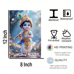 Illustration of a child deity figure with product features on a white background