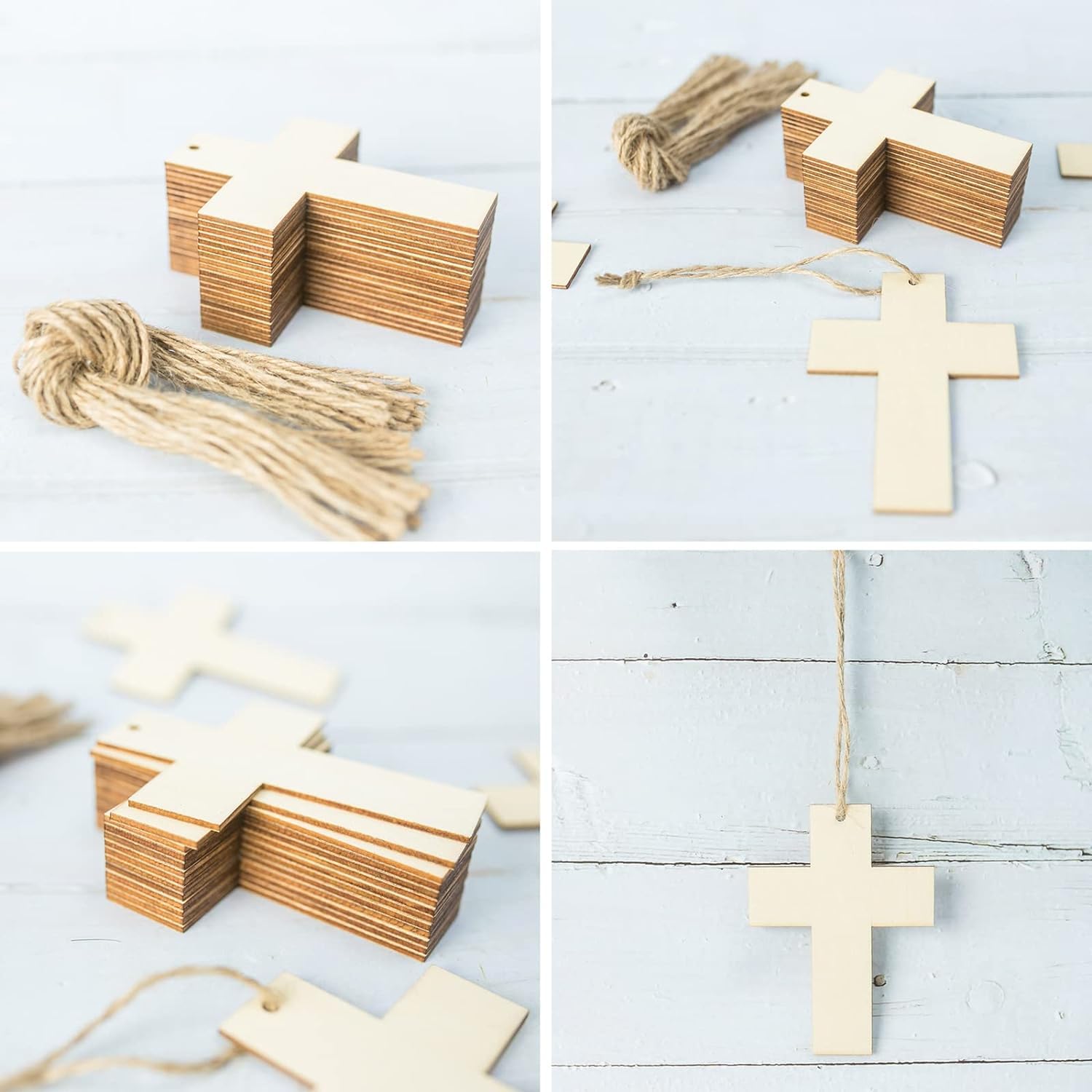 Wooden crosses with string on a light wooden background