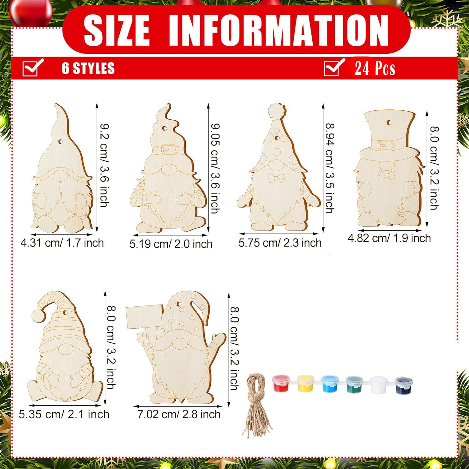 Size information chart for wooden Christmas decorations with measurements and color options.