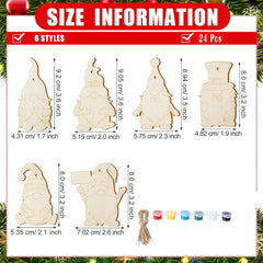 Size information chart for wooden Christmas decorations with measurements and color options.