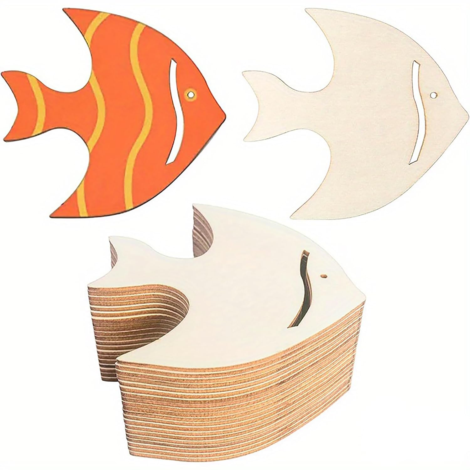 Set of wooden fish shapes with a colorful fish cutout on a white background