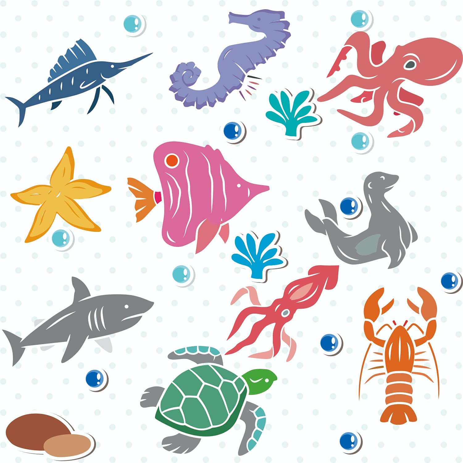 Colorful illustrations of various sea creatures on a light blue polka dot background.