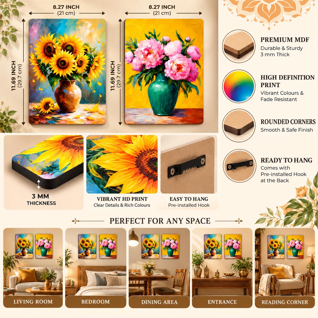 floral MDF wall hanging decor set of 2