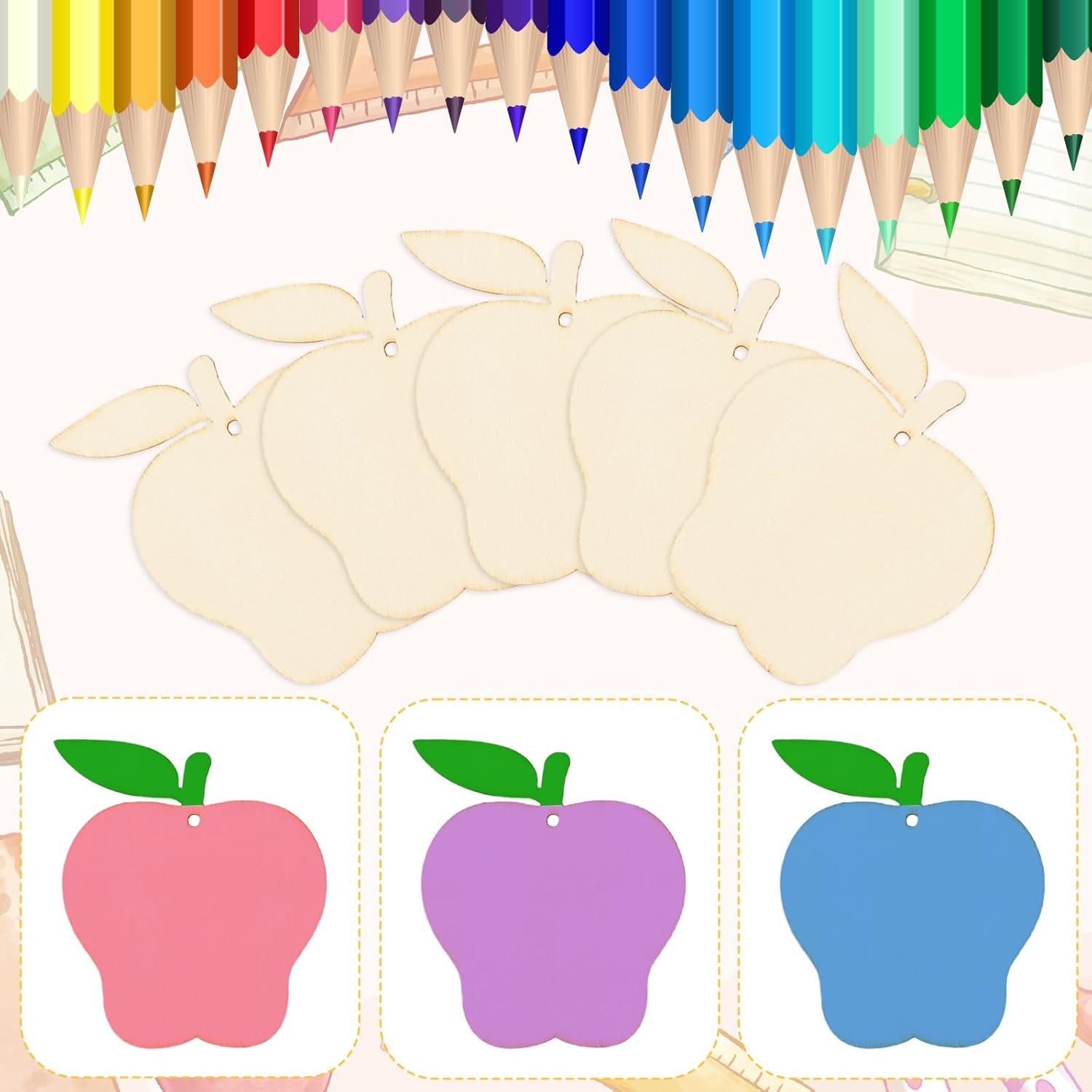 Colorful pencils above wooden apple-shaped boards with colorful apples below.