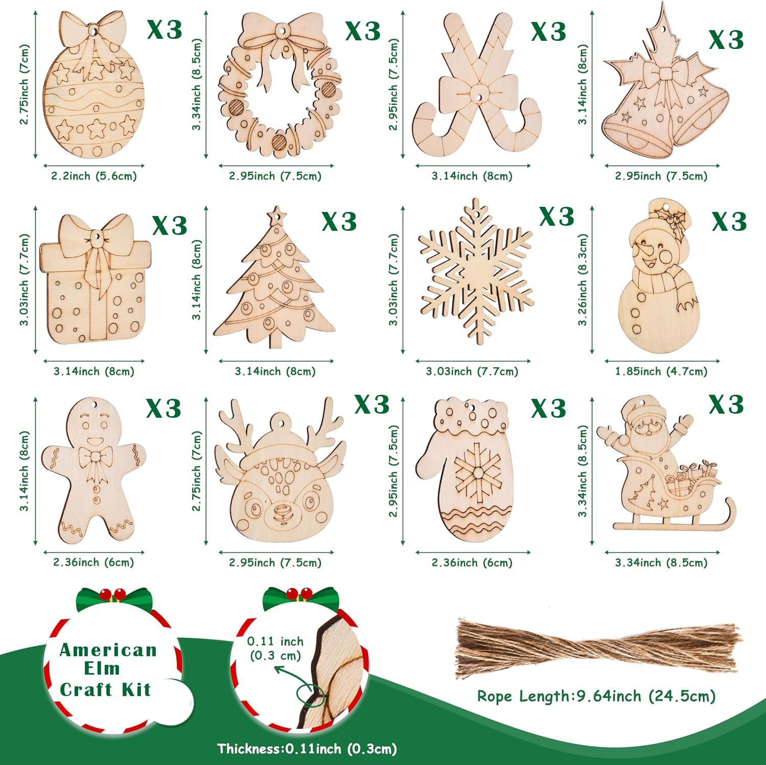 Set of wooden Christmas ornaments with dimensions and packaging details.