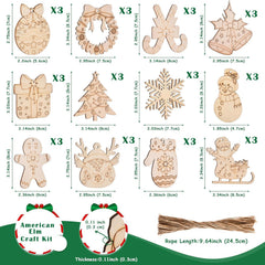 Set of wooden Christmas ornaments with dimensions and packaging details.