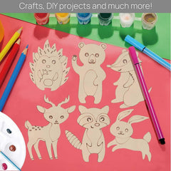 Cardboard animal cutouts with drawing tools on a pink and green background