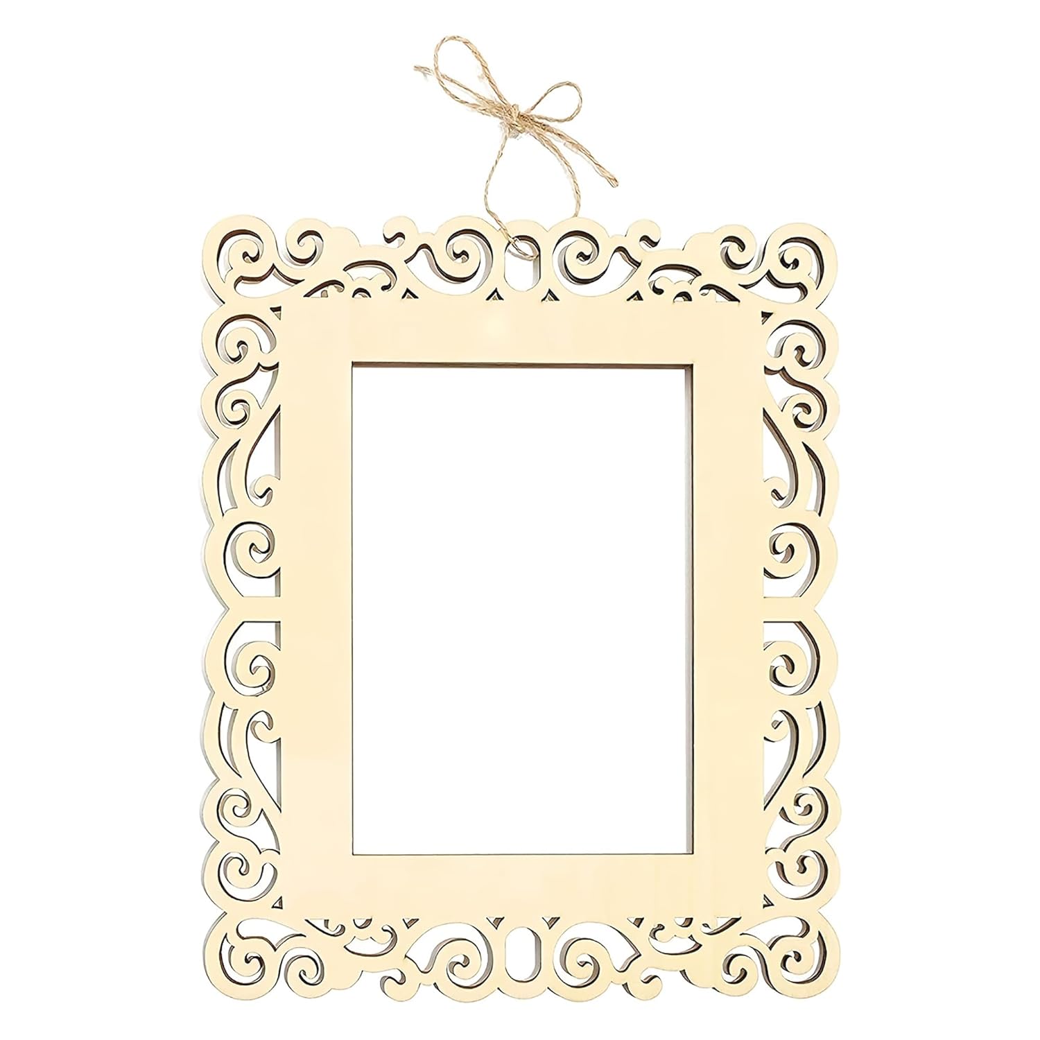 Decorative beige picture frame with intricate patterns on a white background