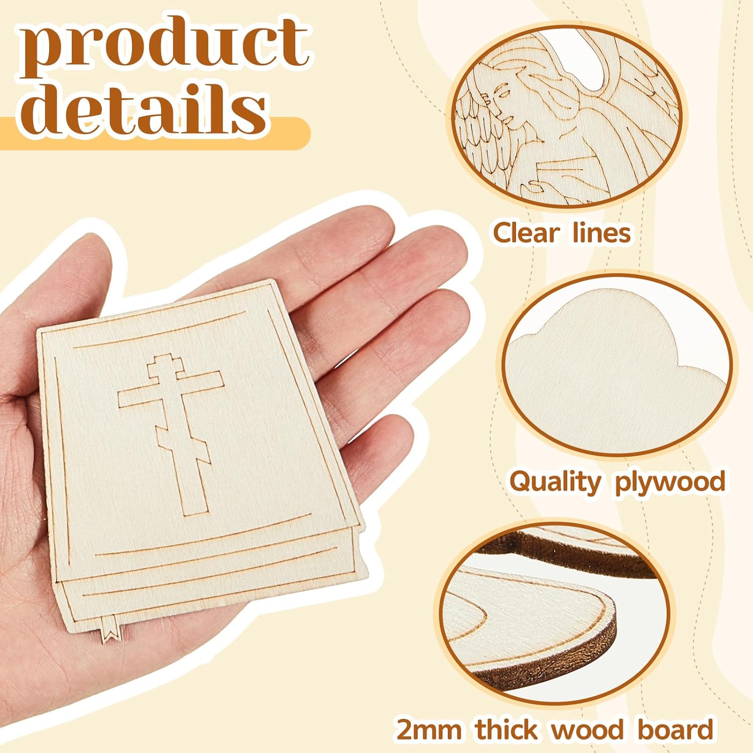 Wooden cross cutouts held in a hand with product details on a beige background