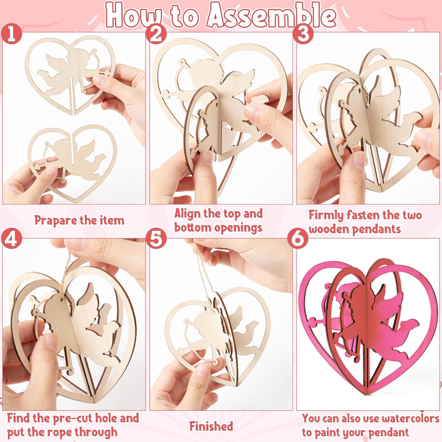 Step-by-step assembly guide for a heart-shaped wooden pendant with fairy design.