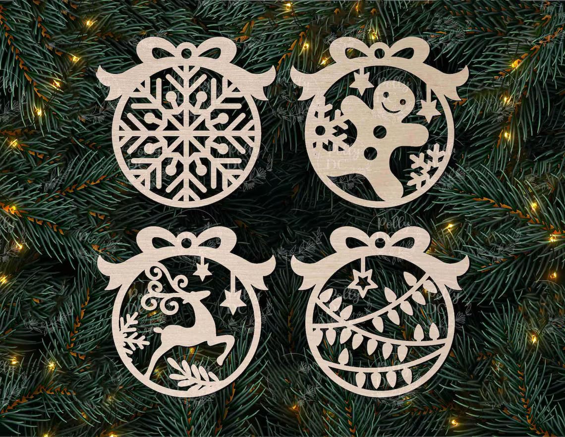 Four decorative Christmas ornaments on a green pine branch with lights.