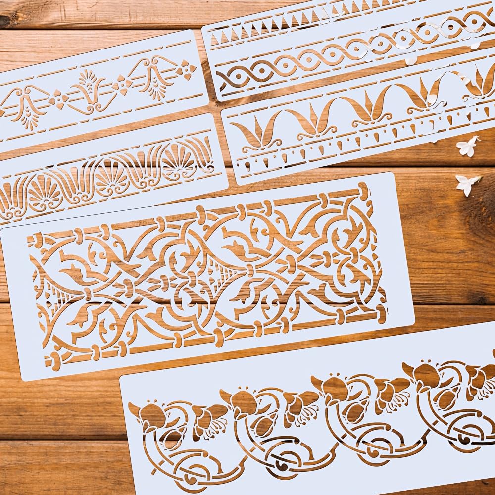 Pack of 6 Reusable Border Painting Stencils, Cherry Blossom, Moroccan & Greek Decorative Patterns for Wall Art, Crafts, Cliths