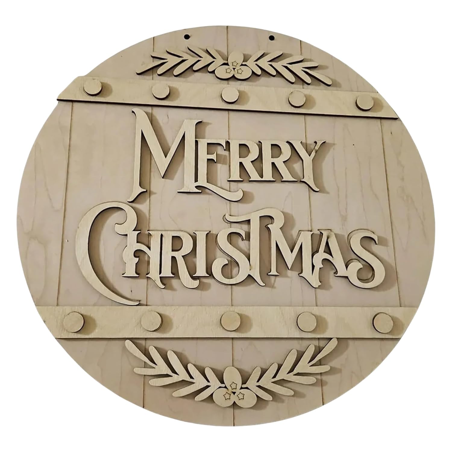 Wooden round ornament with 'Merry Christmas' text and leaf designs on a white background
