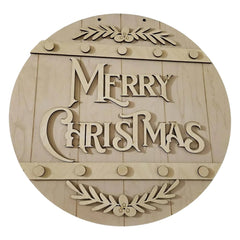Wooden round ornament with 'Merry Christmas' text and leaf designs on a white background