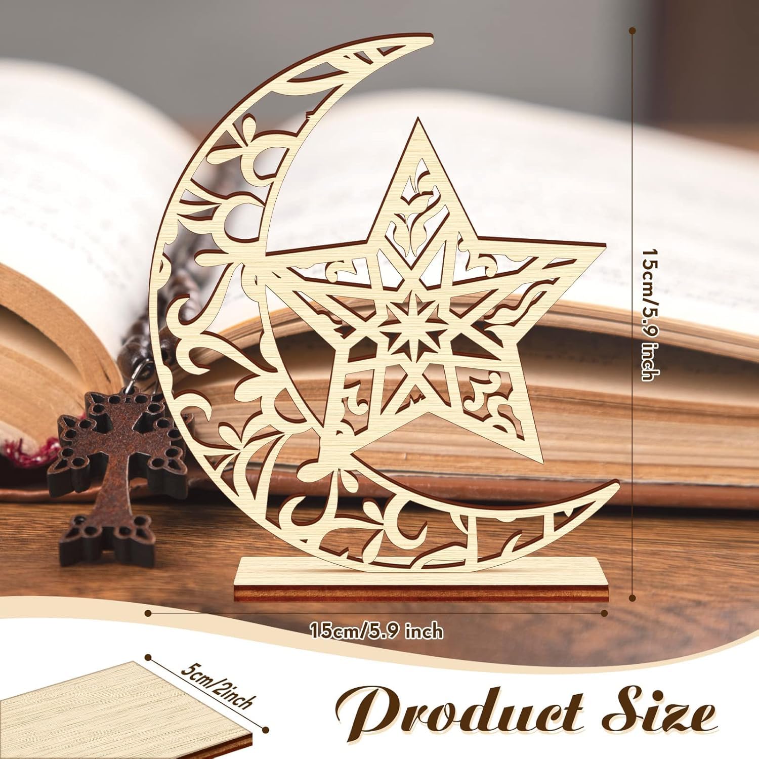 Wooden star and crescent moon decorative item with measurements on a wooden surface.