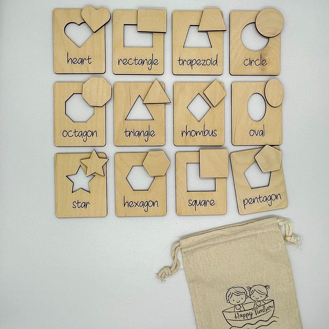 Set of wooden shape blocks with labels on a white background