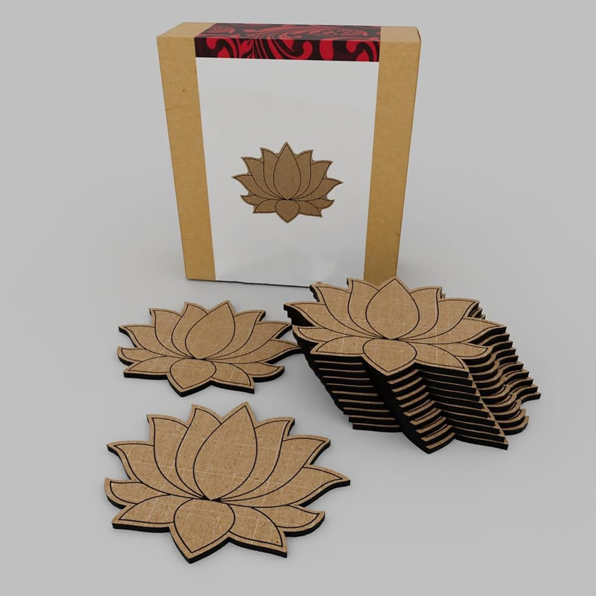 Lotus-shaped wooden coasters with a cardboard box on a gray background
