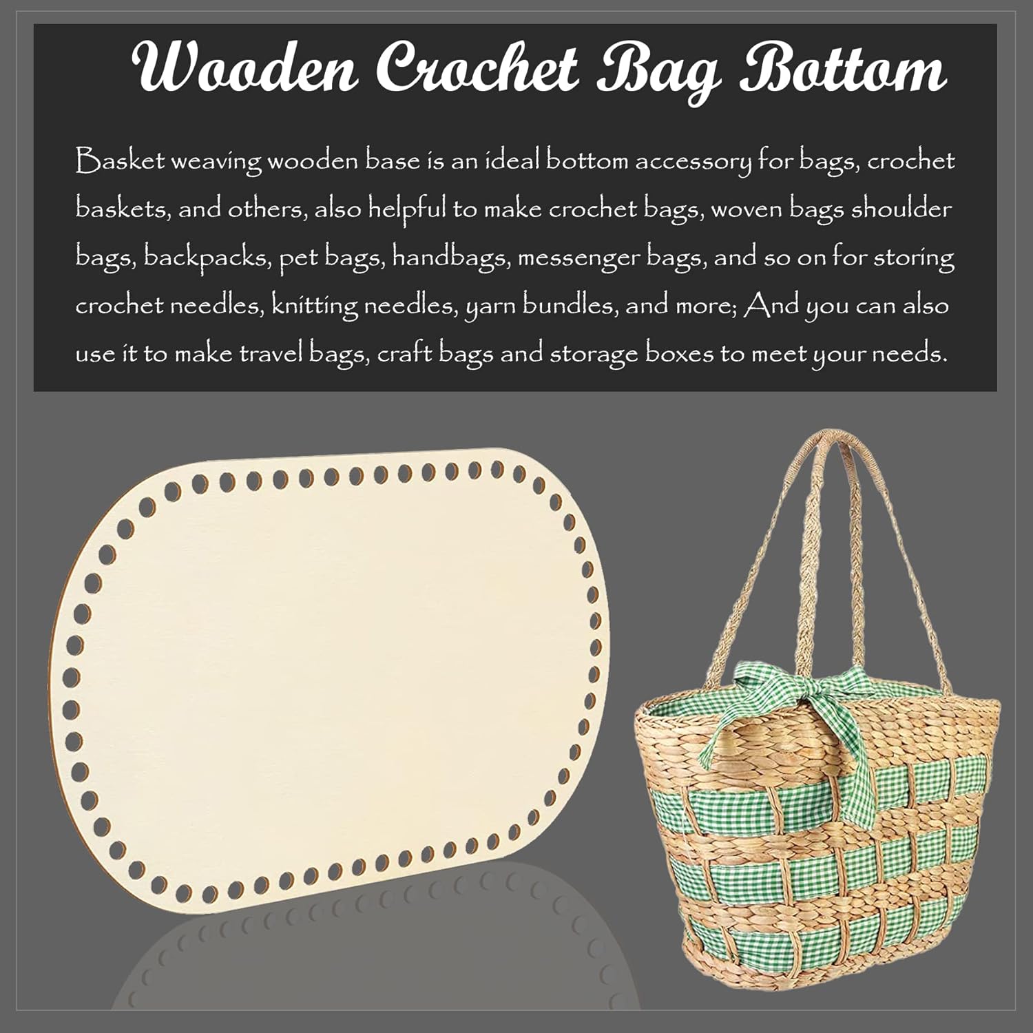 Wooden crochet bag bottom with a woven bag on a gray background