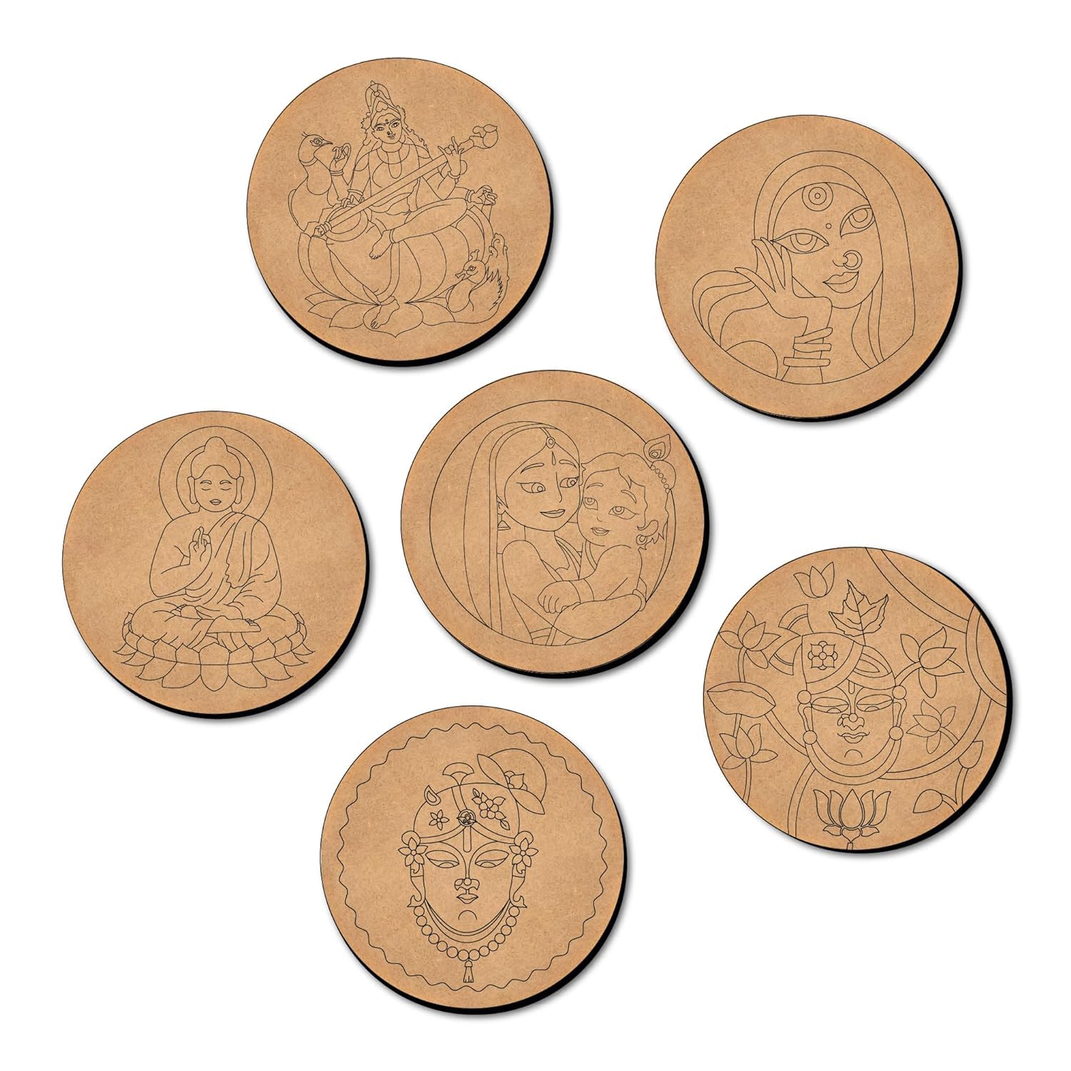 Set of six round cardboard coasters with engraved designs on a white background
