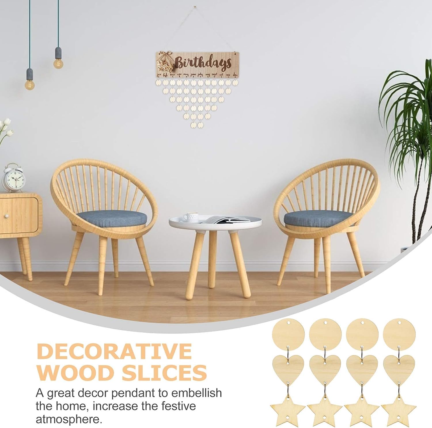 Two wooden chairs with blue cushions and a small table in a room with decorative wood slices.