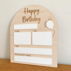 Wooden plaque with 'Happy Birthday' text and blank sections for personalization on a wooden surface.