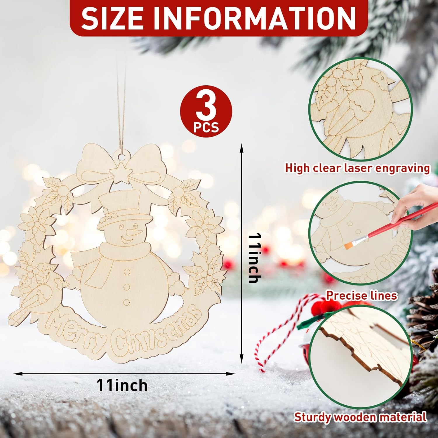 Wooden Christmas ornament with measurements and details on a festive background