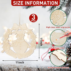 Wooden Christmas ornament with measurements and details on a festive background