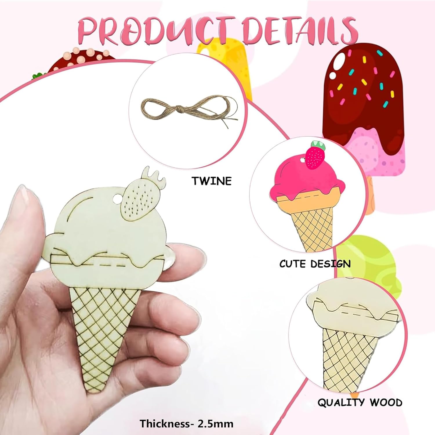 Wooden ice cream cone keychain held by a hand with product details on a pink background.