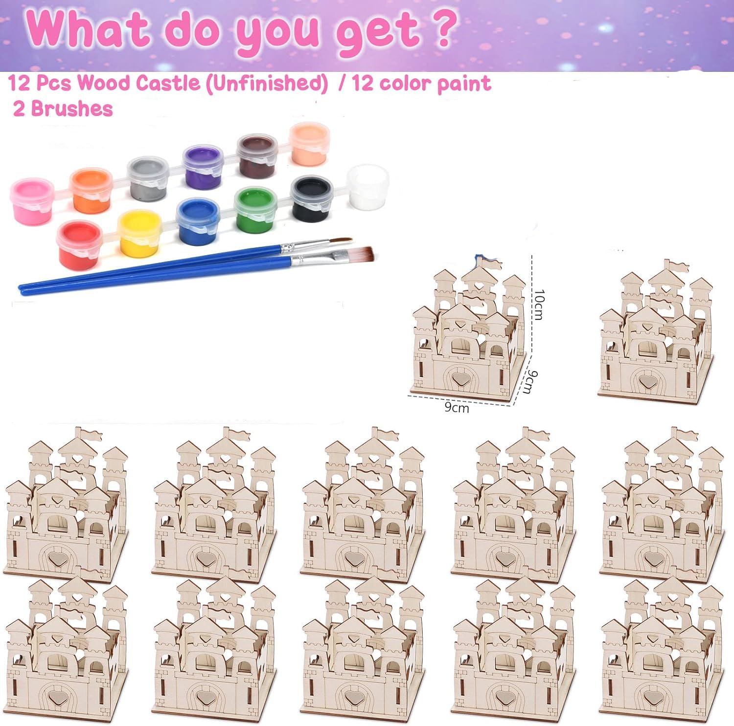 Wooden castle set with paint and brushes on a white background