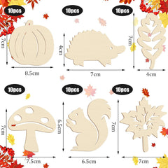 Set of wooden cutouts with measurements and autumn-themed decorations.