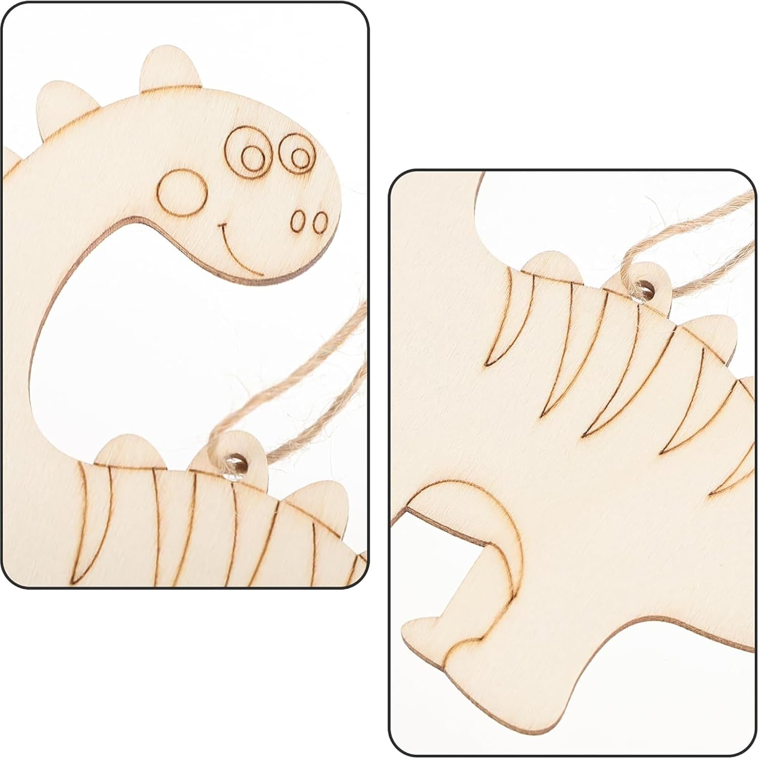 Wooden dinosaur ornament with a string for hanging on a white background