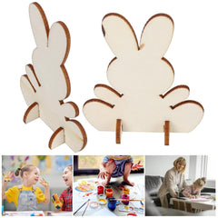 Two wooden bunny standees with children engaged in arts and crafts activities.