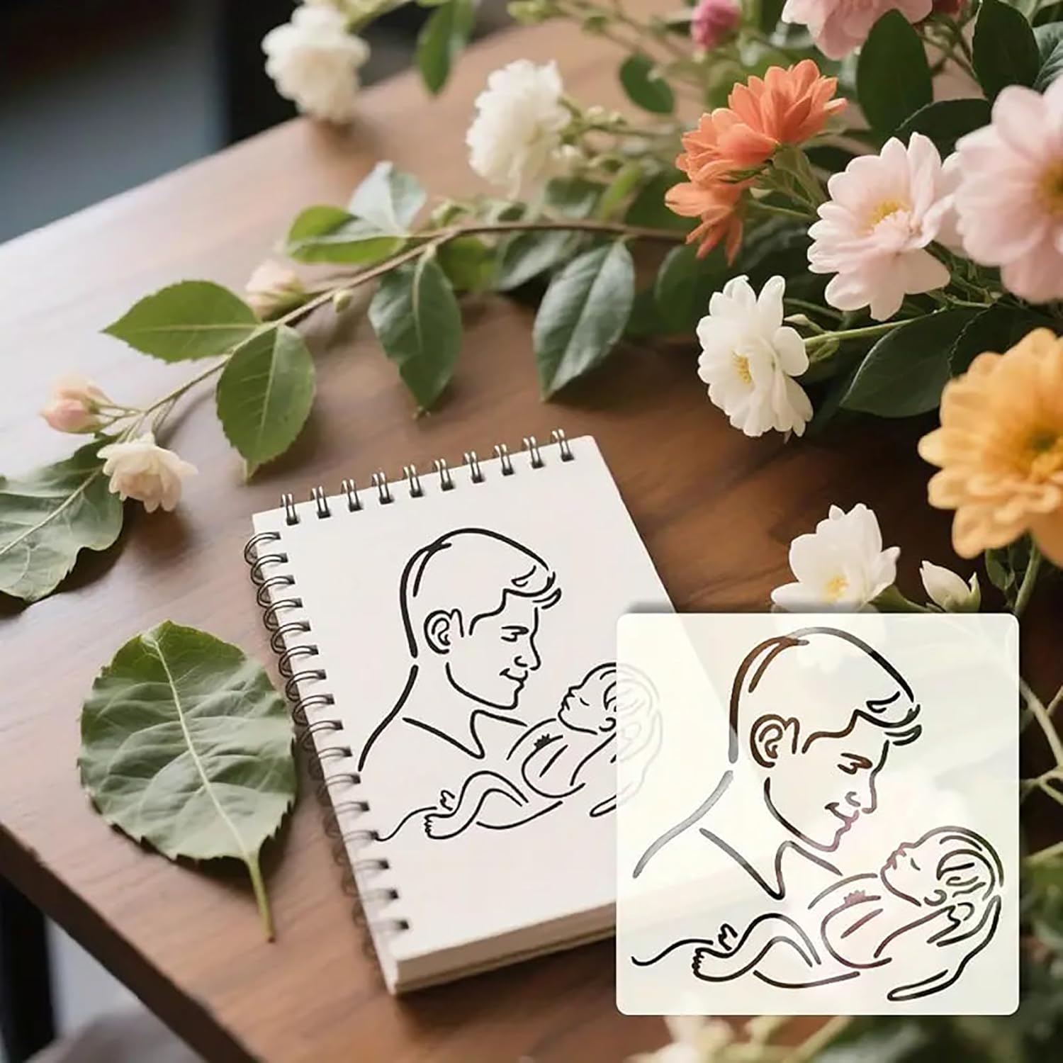 Notebook with line drawing of a woman holding a baby, surrounded by flowers and leaves on a wooden surface.
