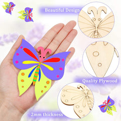 Colorful butterfly craft held in a hand with wooden butterfly templates and text about design, quality, and thickness.