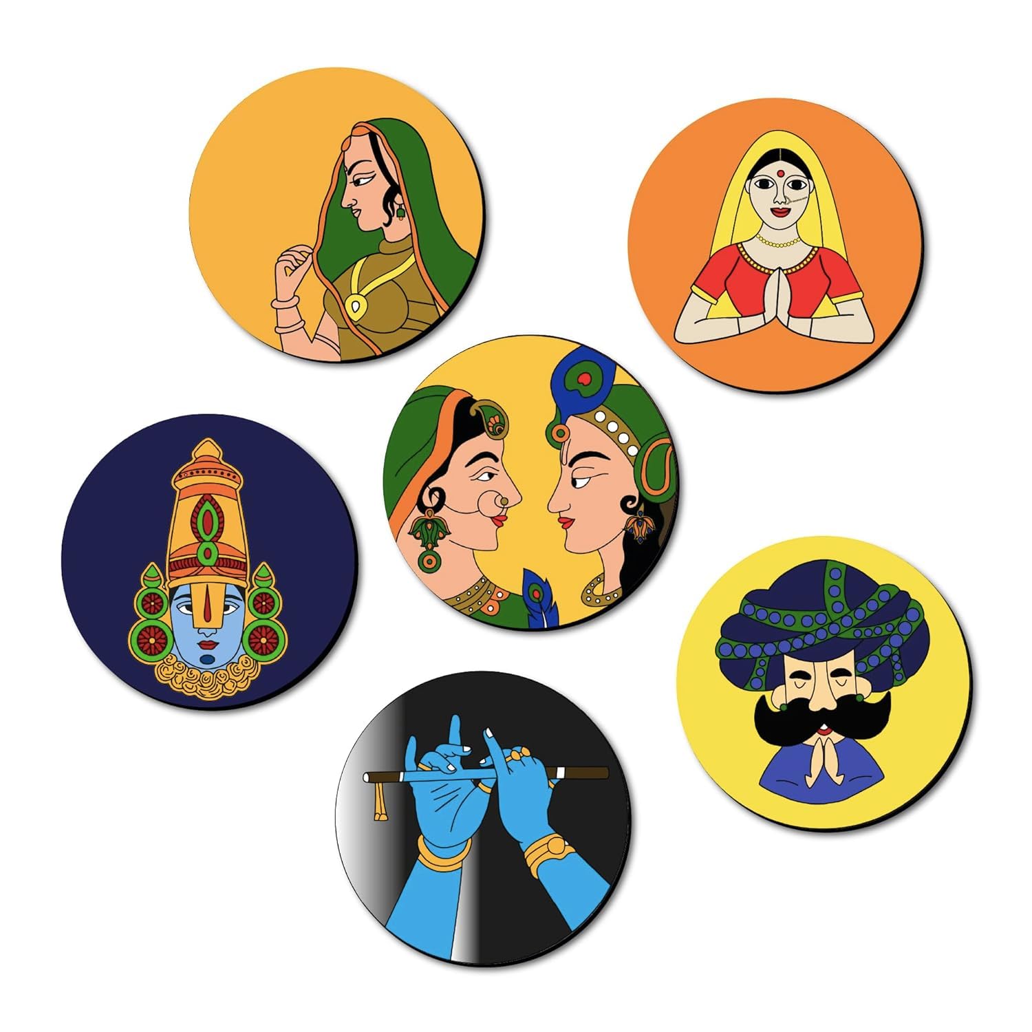 Set of six circular coasters with colorful illustrations of people on a white background